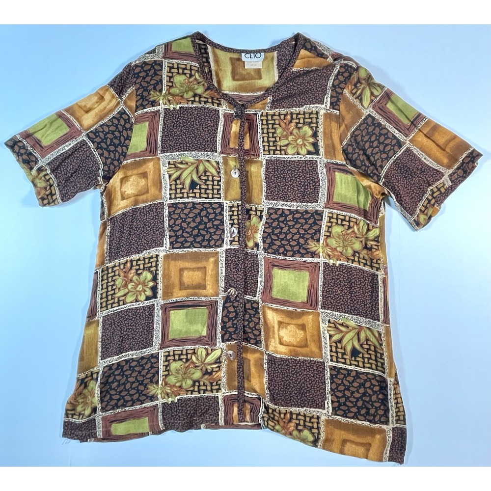 Clio Vintage Womens M Blouse Shirt Button Up Made USA Silky SS Cotton Patchwork